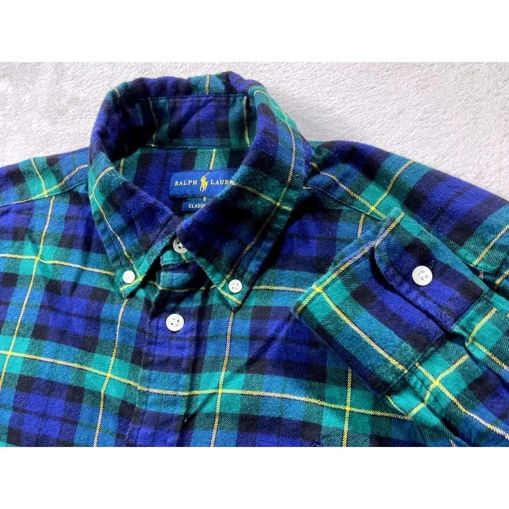 Ralph Lauren Flannel Shirt‎ Mens Medium Blue Green Plaid Classic Fit Button Down